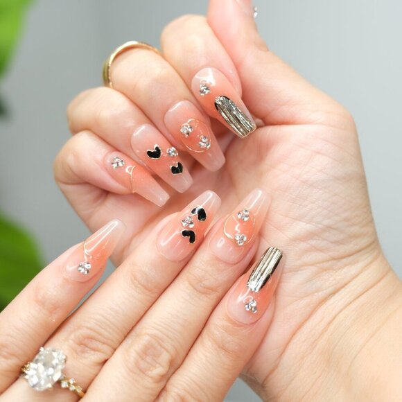 tipsy | Handmade Press On Nails | Coffin Medium | Little Black Hearts - Picture 8 of 16